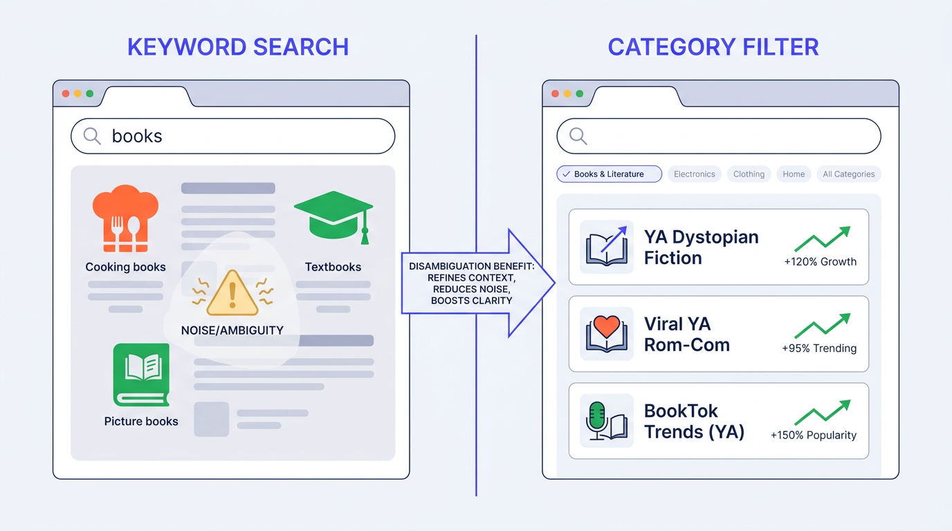 Google Trends category filter versus broad keyword search comparison diagram