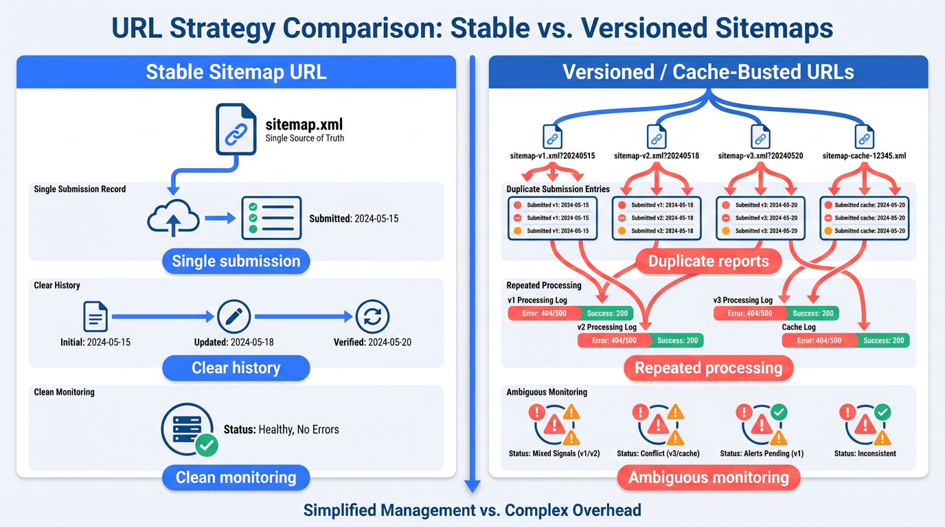 Comparison infographic stable sitemap URL versus sitemap cache-busting versioned endpoints