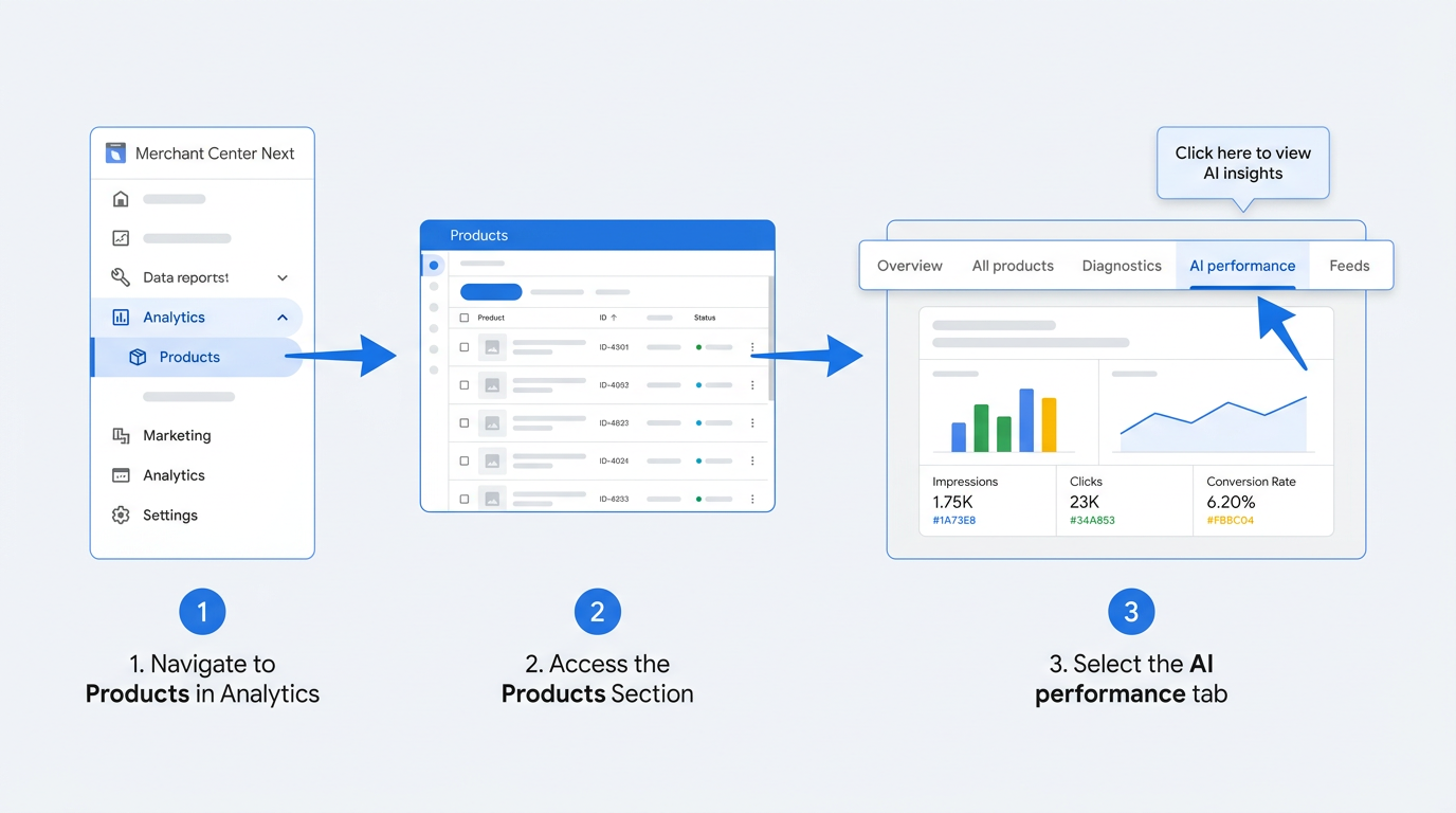 Flowchart showing navigation path to AI performance tab in Merchant Center Analytics