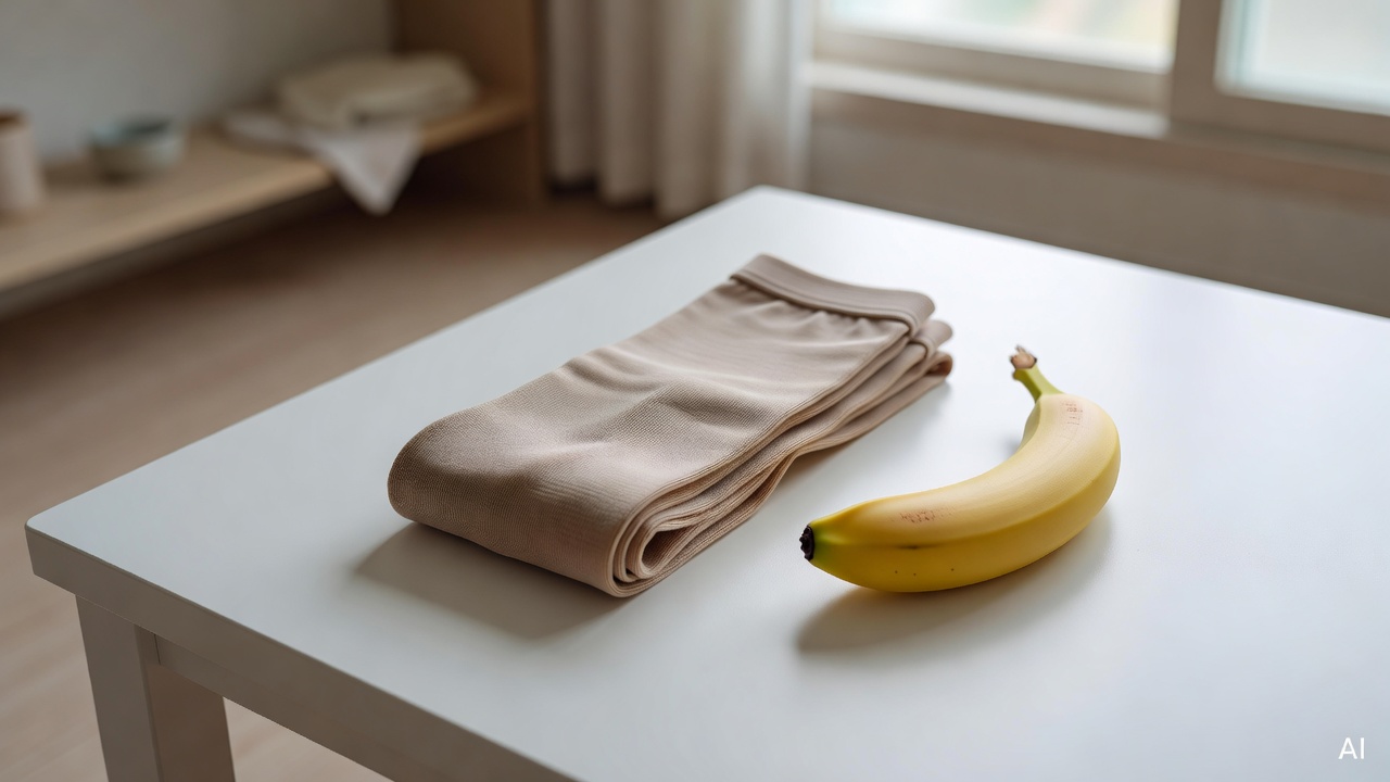 a pair of compression stockings and a banana on a white table