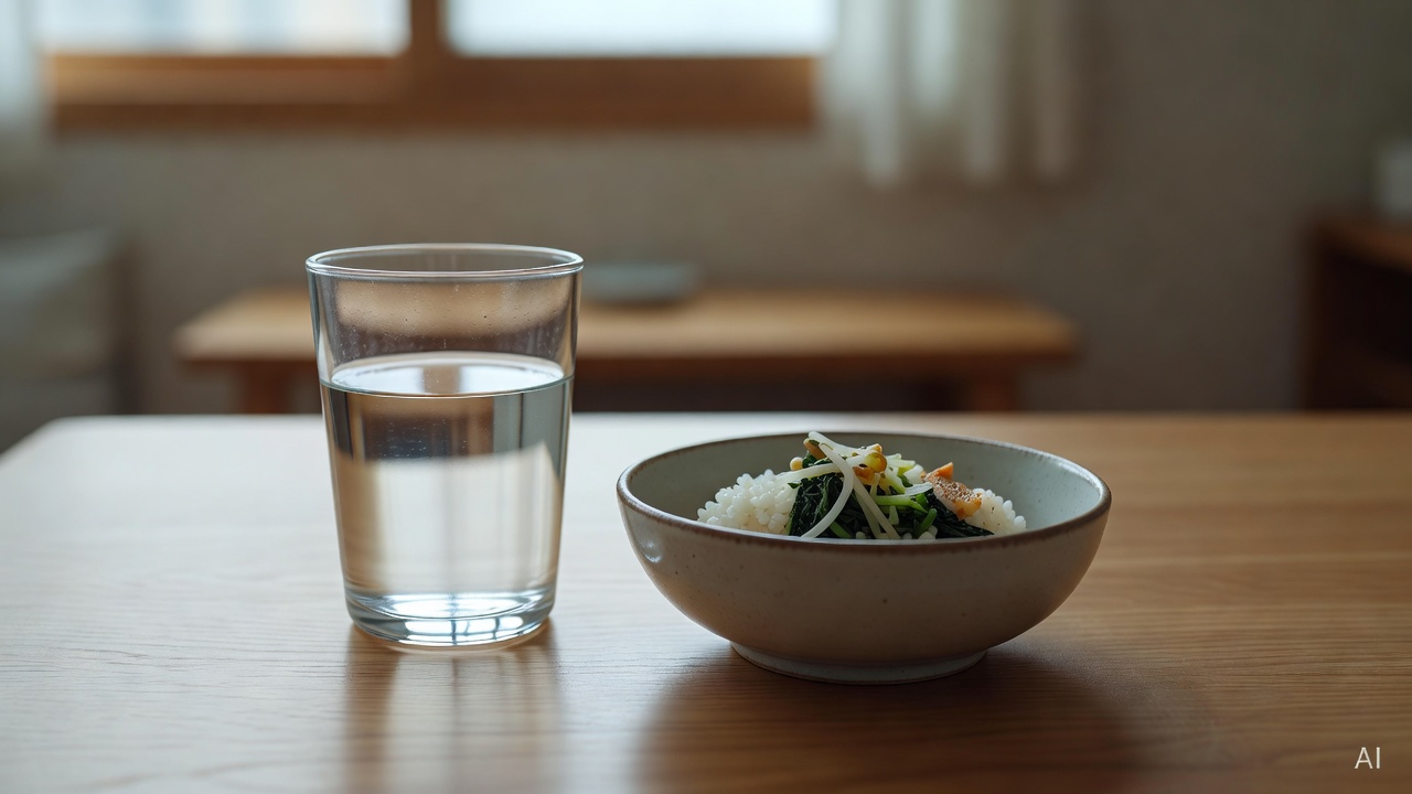 close-up of a glass of water and a small bowl of low-sodium food on a wooden dining table