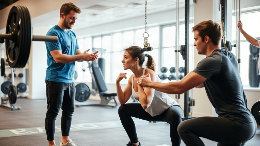 Personal trainer assisting a female client with controlled eccentric squat technique in a bright mod