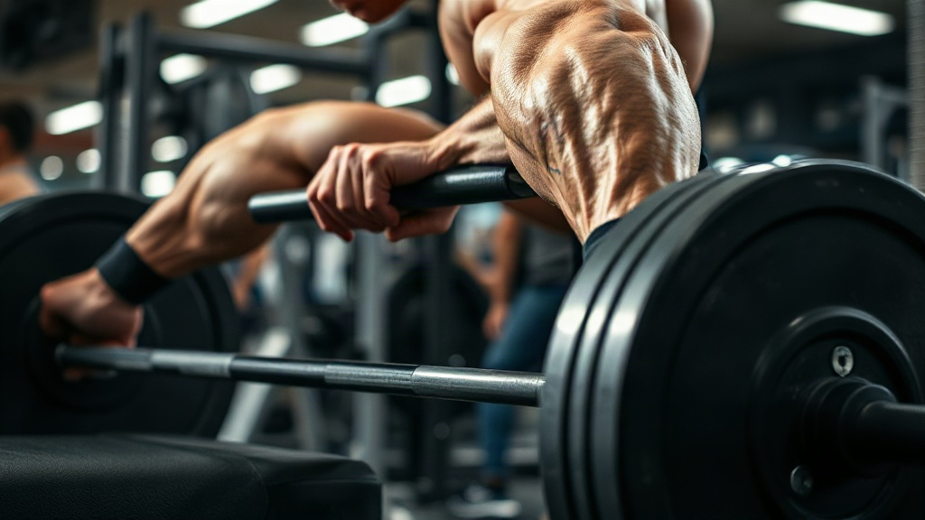 Close-up side angle photo of a muscular athlete slowly lowering a barbell during a bench press, cont