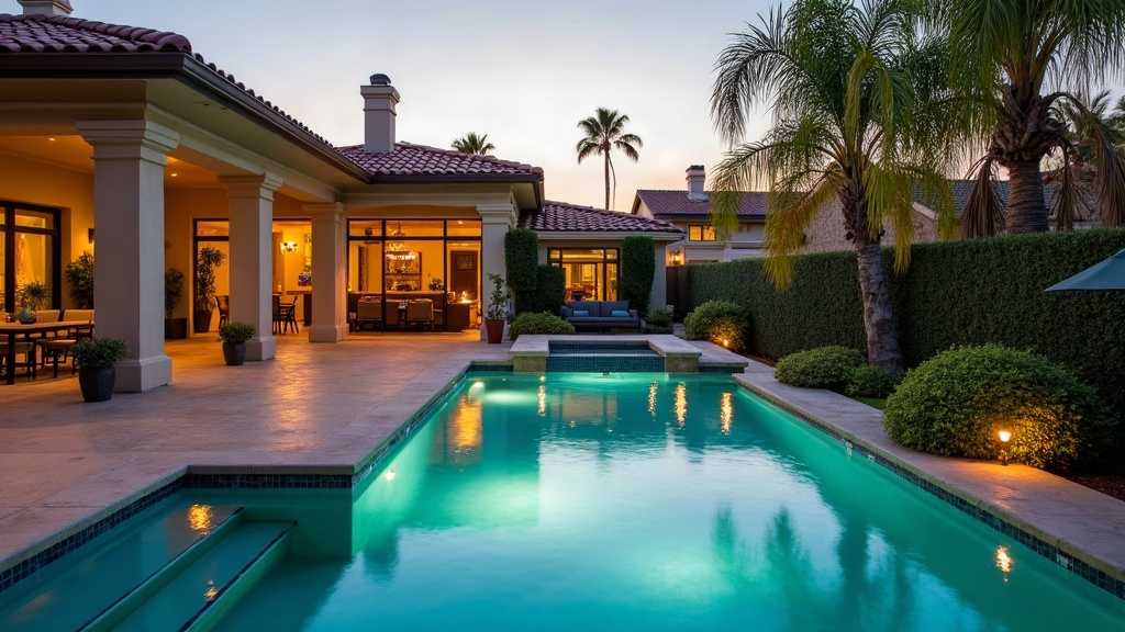 Sparkling Southern California pool at golden hour