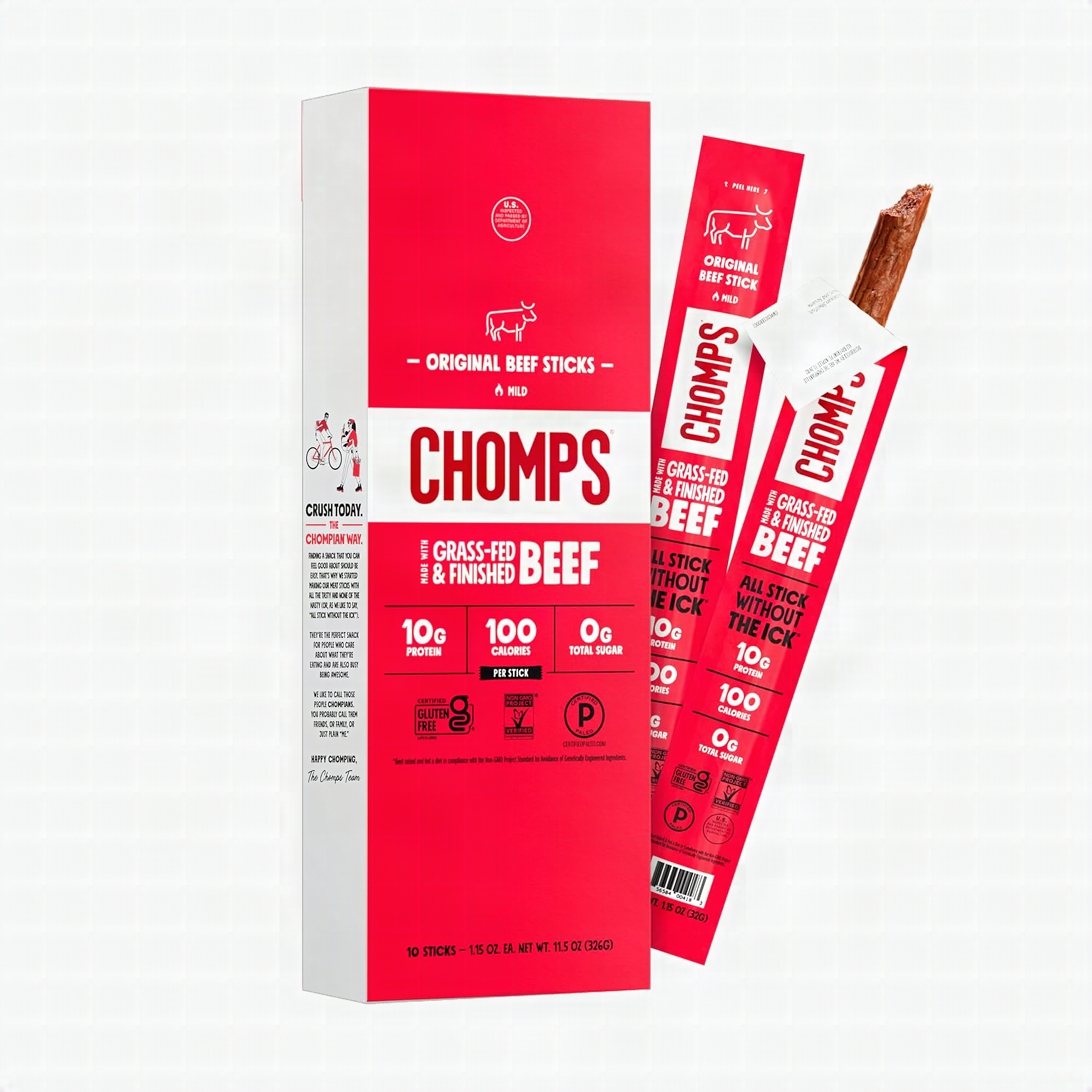 Close-up of a single Chomps beef stick showing detailed meat texture and seasoning
