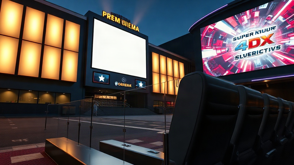 A cinematic theater scene with Spider-Man imagery extending across side screens and moving seats suggesting ScreenX and 4DX immersion