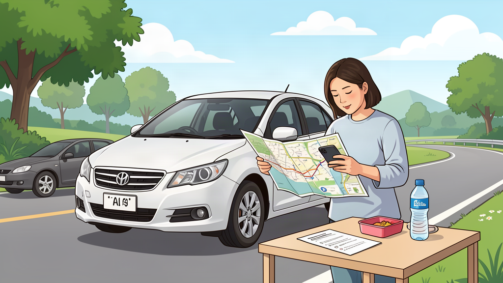 Ilustrasi orang tua memeriksa rute dan perlengkapan sebelum melanjutkan perjalanan
