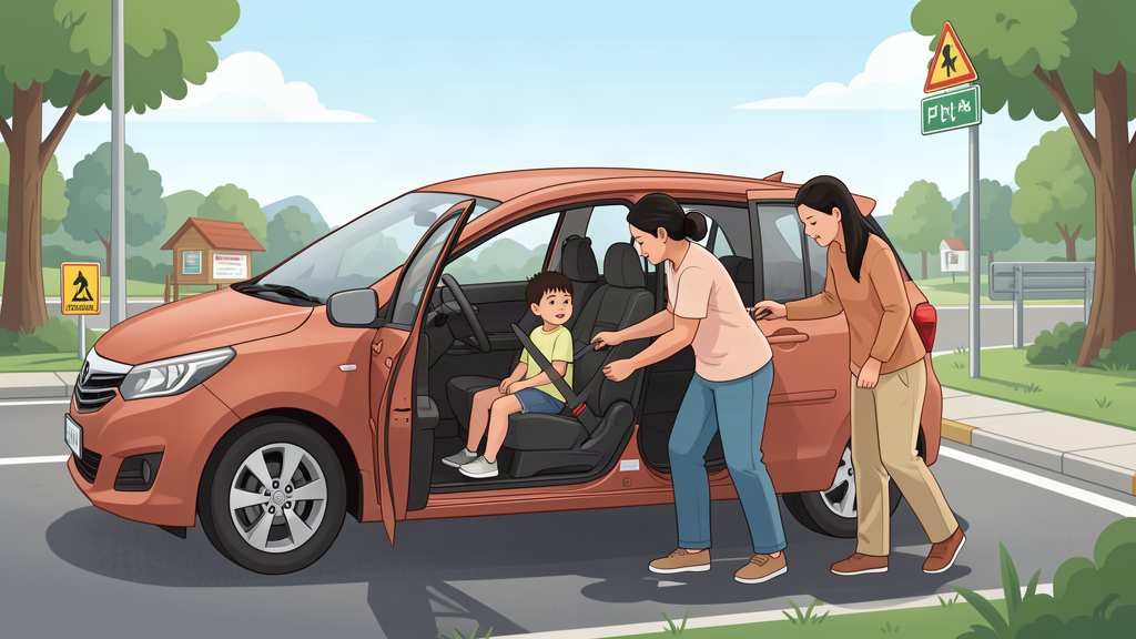 Ilustrasi orang tua memastikan sabuk pengaman anak sebelum mobil berjalan
