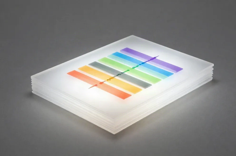 Feuilles d'acétate translucides empilées sur table lumineuse représentant les adaptateurs LoRA dans Stable Diffusion
