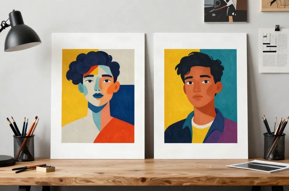 Deux prints générés par IA côte à côte montrant le contraste de style sur un bureau studio