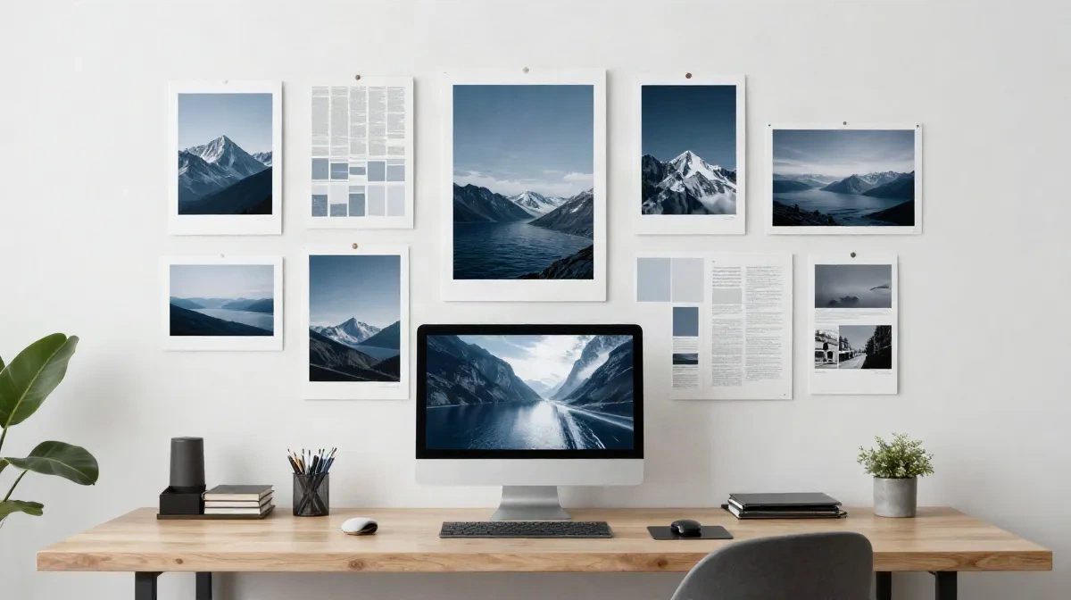 Espace de travail d'un directeur artistique avec des prints générés par IA épinglés sur un moodboard mural