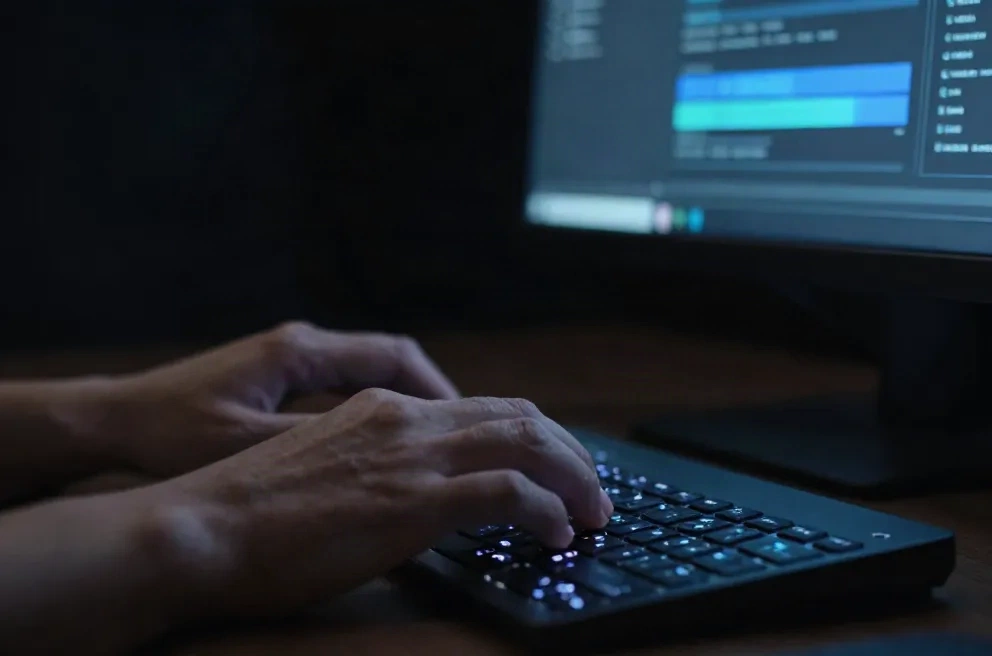 Mains tapant un prompt dans l'interface Stable Diffusion sur écran noir