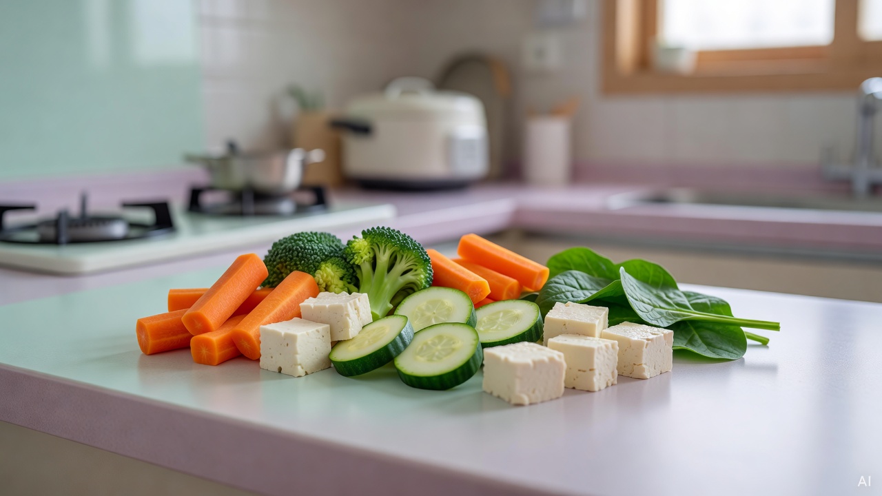 assortment of baby-friendly vegetables and tofu pieces arranged on a pastel kitchen counter