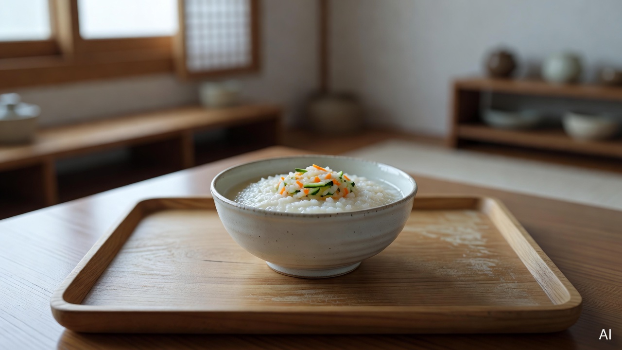 small ceramic bowl with soft rice porridge and mashed vegetables on a wooden tray