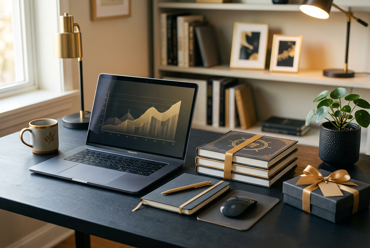 Editorial ecommerce learning desk with laptop and package motif in charcoal and gold