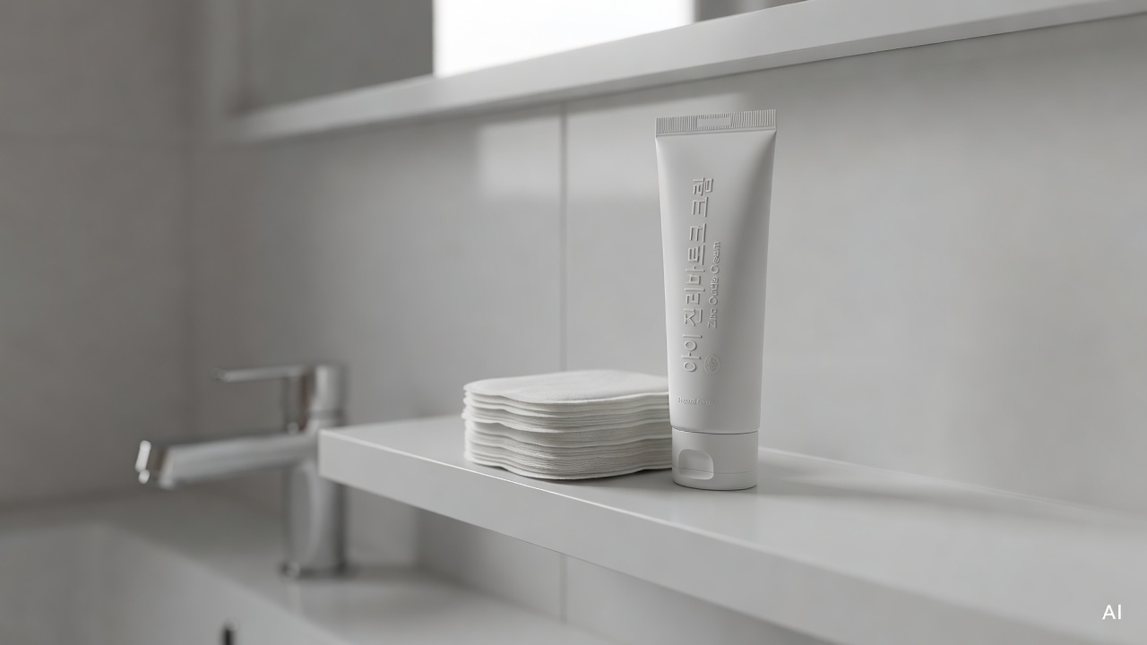 zinc oxide diaper rash cream tube and cotton pads on a white bathroom shelf