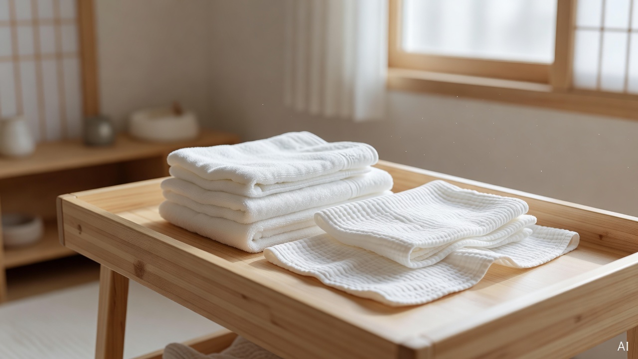 soft white baby towels and cotton gauze cloth on a wooden changing table