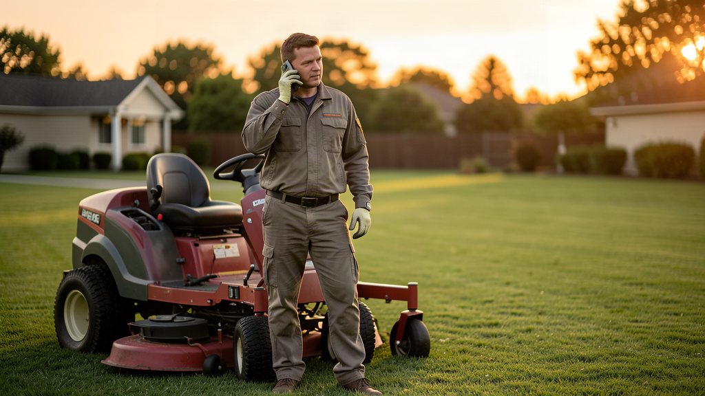 A landscaping worker answering a mobile call beside a commercial mower at dusk, no text
