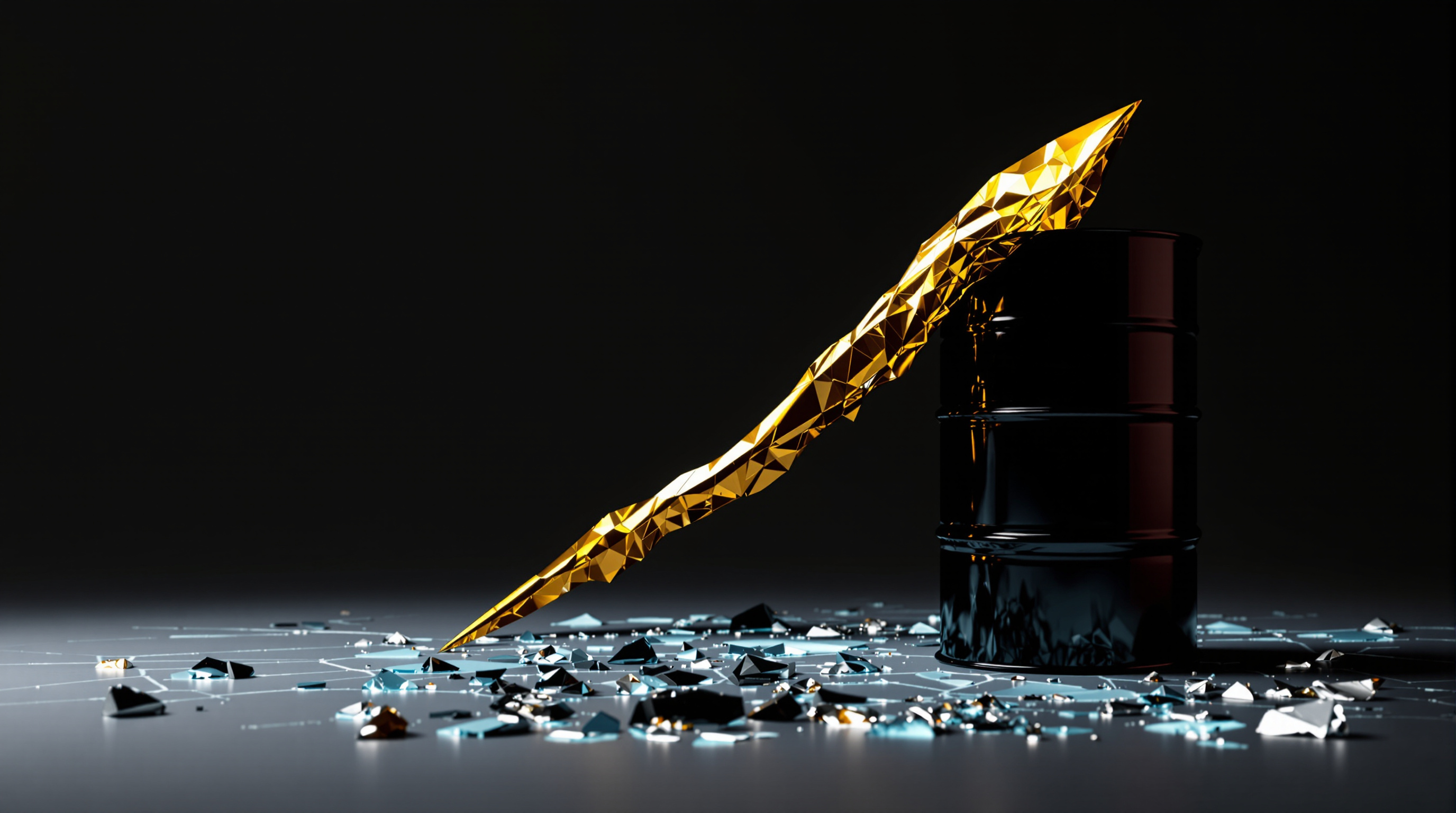 polished black oil barrel with a sculptural gold fin/spike emerging from its top, placed on a low, shallow fractured glass plane with scattered silver — editorial cover artwork for the Knightron story on Oil Surges Toward $100 As U.S. Iran Conflict Escalates; Equi