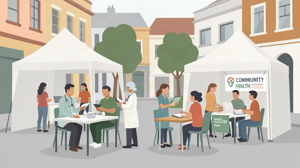 Operativo comunitario de salud con médicos y vecinos en un barrio de Ituzaingó, ilustración editorial