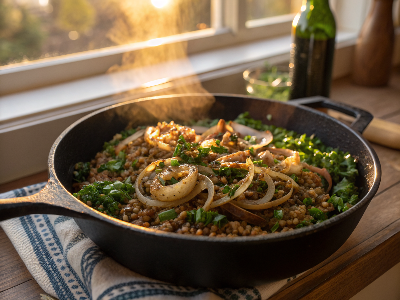 Mjadra with Caramelized Onions and Crispy Tabbouleh