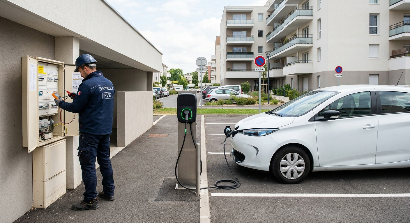Borne de recharge électrique IRVE installée en copropriété avec un installateur professionnel vérifiant le tableau électrique dans un parking urbain.