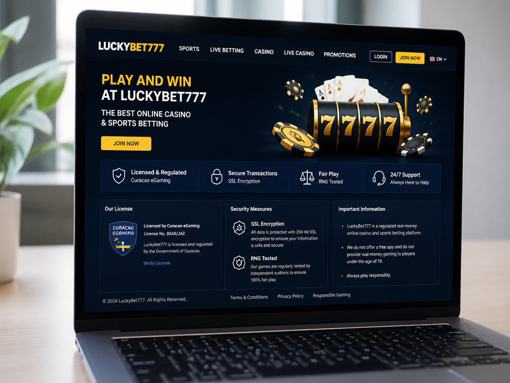 Photo-realistic image illustrating the topic of the article section "Licensing and Security: Is LuckyBet777 Safe and Legitimate?" (about the online casino brand "luckybet777"): State the license (e.g., Curacao eGaming or MGA); explain security measures (SSL encryption, RNG testing); clarify that LuckyBet777 is a regulated real-money site, not a free app; address the gap of no licensing info.