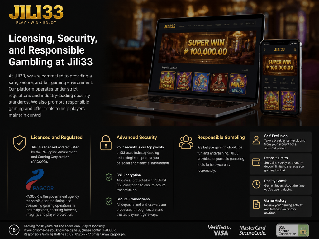 Photo-realistic image illustrating the topic of the article section "Licensing, Security, and Responsible Gambling at Jili33" (about the online casino brand "jili33"): State the licensing authority (e.g., PAGCOR or other) and security protocols (SSL encryption). Include responsible gambling tools (self-exclusion, deposit limits). Cover gaps: missing licensing authority details and responsible gambling tools.