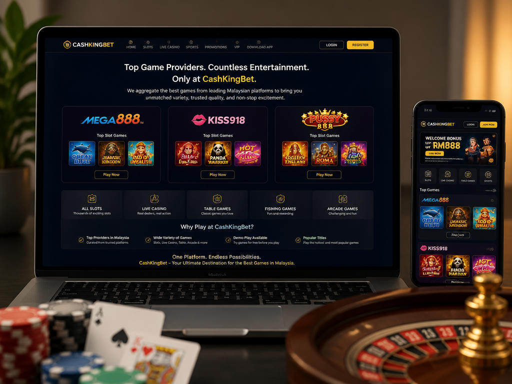 Photo-realistic image illustrating the topic of the article section "Game Selection and Providers at CashKingBet" (about the online casino brand "cashkingbet"): Cover the main game providers (Mega888, Kiss918, Pussy888) and any other slots or table games. Address the gap: no specific providers beyond those three. Mention variety, demo play, and popular titles. Emphasize that CashKingBet aggregates top Malaysian platforms.
