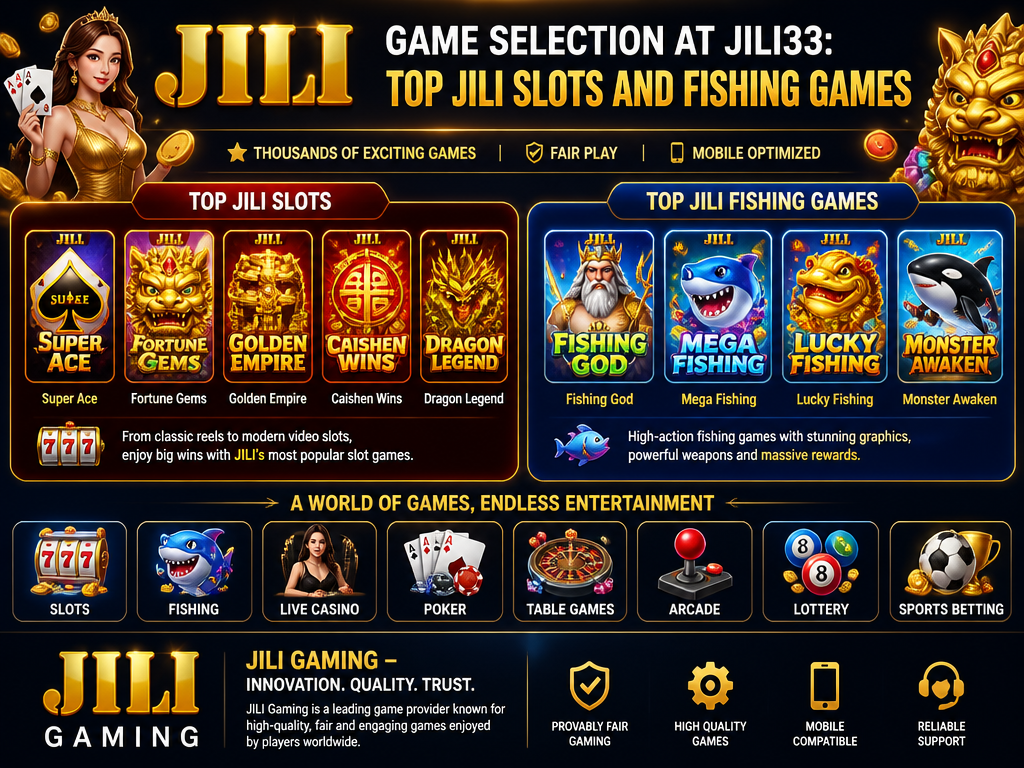 Image illustrating the online casino game or provider "Jili", for an article section titled "Game Selection at Jili33: Top JILI Slots and Fishing Games": List specific slot titles (e.g., Super Ace, Fortune Gems) and fishing games (e.g., Fishing God). Mention the JILI Gaming provider and the variety of game categories. Cover the gap: no specific slot or fishing game titles listed.