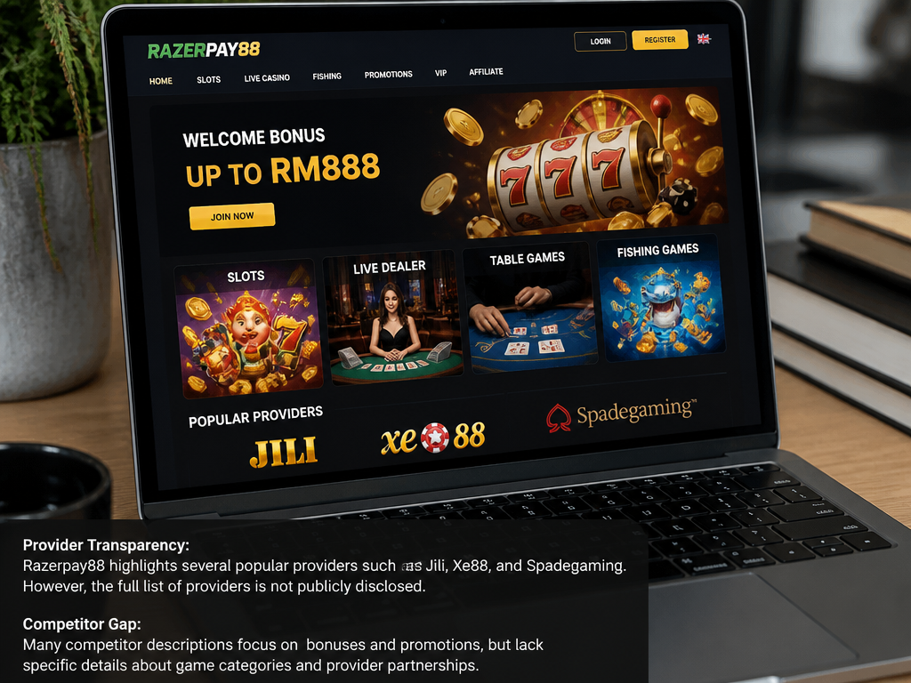 Photo-realistic image illustrating the topic of the article section "Game Selection – Slots, Live Casino, and More" (about the online casino brand "razerpay88"): List available game categories: slots, live dealer, table games, and fishing games. Mention popular providers (e.g., Jili, Xe88, Spadegaming) if known, or note the lack of provider transparency. Address the gap of missing specific game types in competitor descriptions.