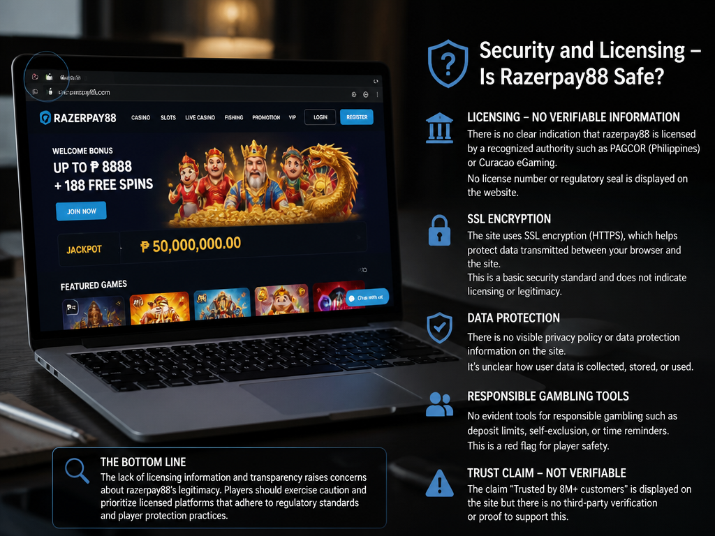 Photo-realistic image illustrating the topic of the article section "Security and Licensing – Is Razerpay88 Safe?" (about the online casino brand "razerpay88"): Discuss licensing (if any, e.g., PAGCOR, Curacao), SSL encryption, data protection, and responsible gambling tools. Address the gap of missing security and licensing info. Note that the 'Trusted by 8M+ customers' claim is unverifiable.