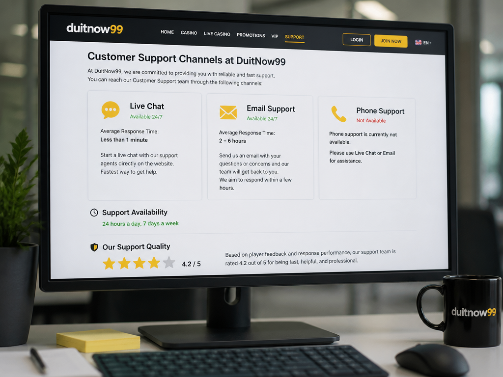 Photo-realistic image illustrating the topic of the article section "Customer Support Channels at DuitNow99" (about the online casino brand "duitnow99"): List customer support channels: live chat, email, phone (gap: missing). Mention availability hours and response times. Assess quality based on available info.