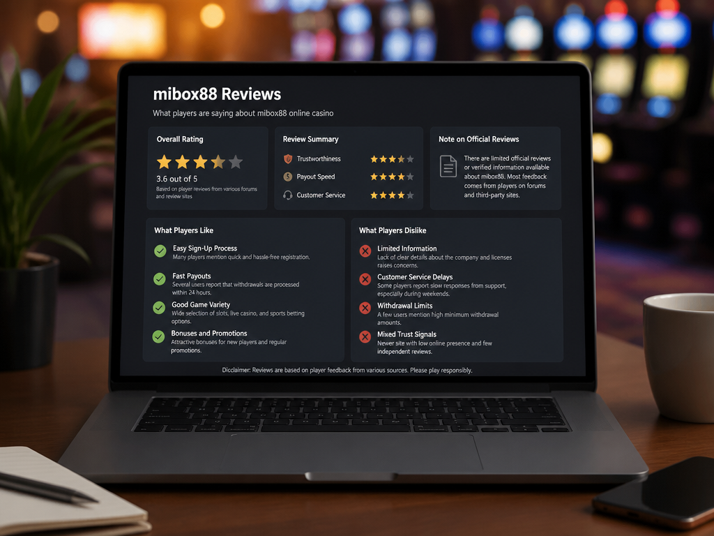 Photo-realistic image illustrating the topic of the article section "User Reviews and Reputation" (about the online casino brand "mibox88"): Summarize common feedback from players (positive and negative). Highlight trustworthiness, payout speed, and customer service experiences. Note that official reviews are scarce.