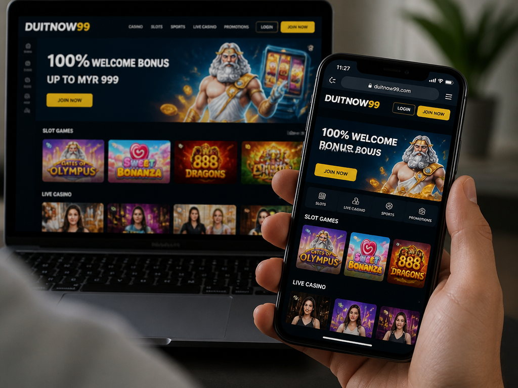 Photo-realistic image illustrating the topic of the article section "Mobile App and Browser Compatibility at DuitNow99" (about the online casino brand "duitnow99"): Evaluate mobile compatibility: dedicated app vs browser. Discuss user experience on mobile devices (gap: missing). Compare with desktop version.