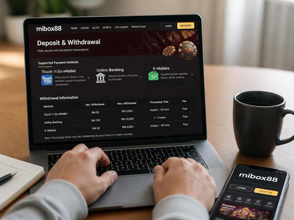 Photo-realistic image illustrating the topic of the article section "Deposit and Withdrawal Methods" (about the online casino brand "mibox88"): Cover supported payment methods: Touch 'n Go, online banking, e-wallets. Discuss withdrawal limits, processing times, and any fees. Address the lack of withdrawal info on competitors.