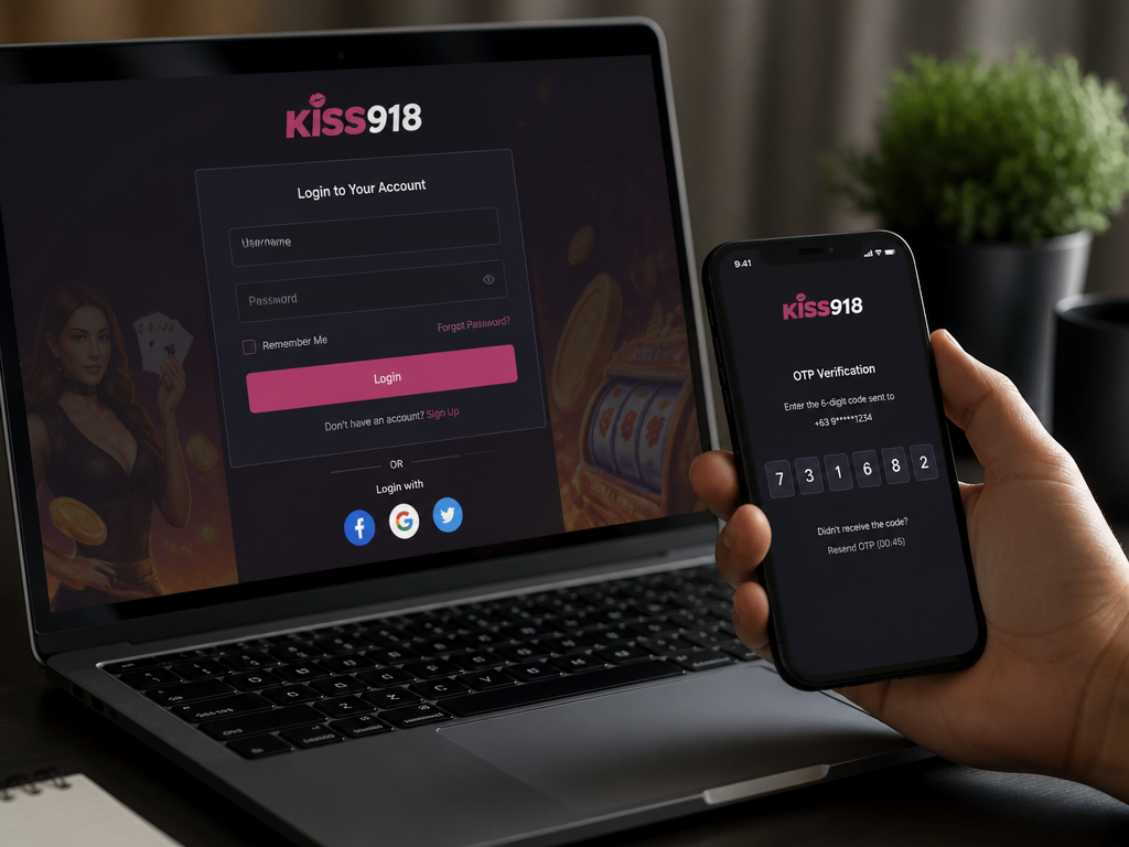 Photo-realistic image illustrating the topic of the article section "Supported Login Methods: Username, Password, OTP, and More" (about the online casino brand "kiss918 login"): Describe supported login methods: standard username/password, OTP verification for security, and social login (if available). Note that Kiss918 primarily uses username/password but may offer biometric login on mobile. Gap: 'No details on supported login methods'.