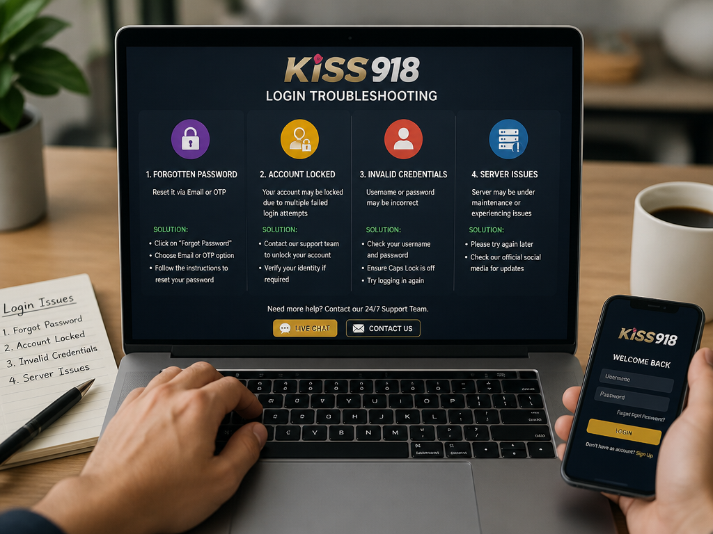 Photo-realistic image illustrating the topic of the article section "Troubleshooting Common Kiss918 Login Errors and Issues" (about the online casino brand "kiss918 login"): Troubleshoot common login errors: forgotten password (reset via email/OTP), account locked (contact support), invalid credentials (check caps lock, username), server issues (try later). Provide solutions for each. Gap: 'No troubleshooting for common login errors'.