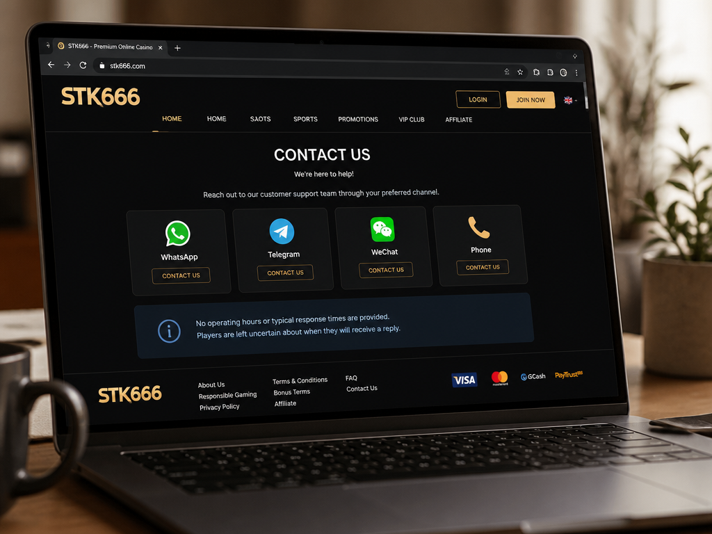 Photo-realistic image illustrating the topic of the article section "Customer Support: Channels, Availability, and Response Times" (about the online casino brand "stk666"): Mention support channels (WhatsApp, Telegram, WeChat, Phone) from competitor data. Point out that no operating hours or typical response times are provided, leaving players uncertain about support reliability.