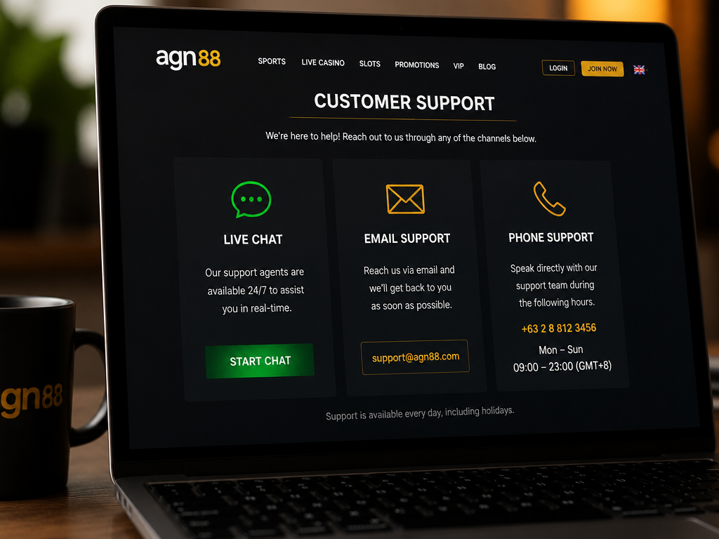 Photo-realistic image illustrating the topic of the article section "Customer Support Channels: Live Chat, Email, and Phone Hours" (about the online casino brand "agn88"): List available support channels (live chat, email, phone) and operating hours. Cover gap: no customer support channels mentioned.
