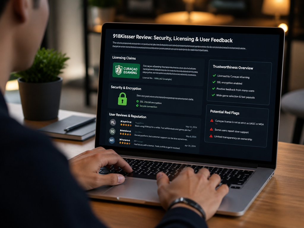 Photo-realistic image illustrating the topic of the article section "Security, Licensing, and User Reviews of 918kisser" (about the online casino brand "918kisser"): Discuss licensing claims and encryption security. Include user feedback and reputation from forums. Address trustworthiness and any red flags.