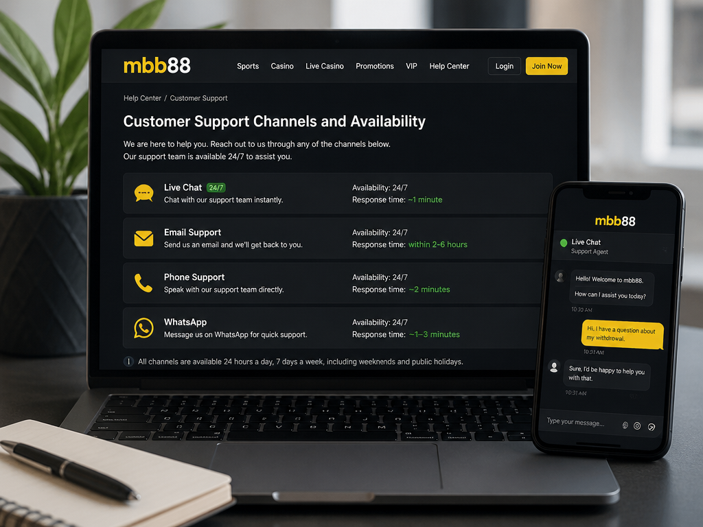Photo-realistic image illustrating the topic of the article section "Customer Support Channels and Availability" (about the online casino brand "mbb88"): Address missing customer support channels or hours (gap 3). Detail live chat, email, phone, WhatsApp. Mention operating hours and response times. Highlight 24/7 availability if applicable.