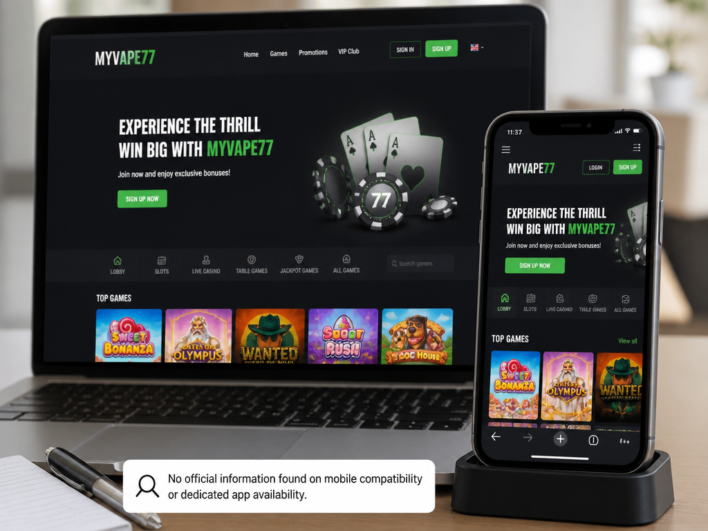 Photo-realistic image illustrating the topic of the article section "Mobile Compatibility and App Availability" (about the online casino brand "myvape77"): Assess whether the platform is mobile-friendly or offers a dedicated app. Point out the absence of official information on mobile compatibility. Cover gap: no mobile compatibility or app availability info.