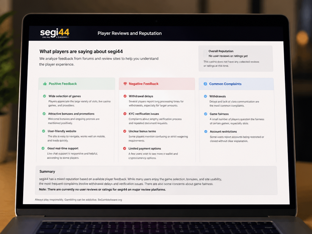 Photo-realistic image illustrating the topic of the article section "Player Reviews and Reputation" (about the online casino brand "segi44"): Summarize common positive and negative feedback from online forums and review sites. Address any complaints about withdrawals or game fairness. Covers gap: no user reviews or ratings.