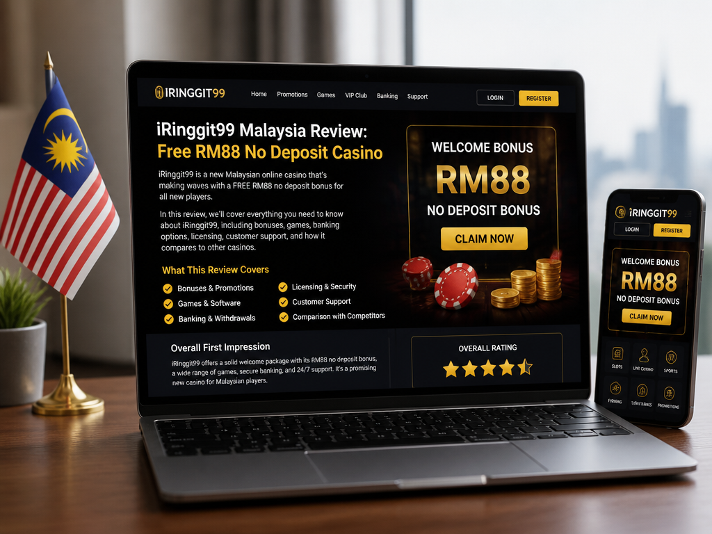 Photo-realistic image illustrating the topic of the article section "iRinggit99 Malaysia Review: Free RM88 No Deposit Casino" (about the online casino brand "iringgit99"): Introduce iRinggit99 as a new Malaysian online casino offering a FREE RM88 no deposit bonus. State that this review covers bonuses, games, banking, licensing, support, and comparison with competitors. Cover overall first impression.
