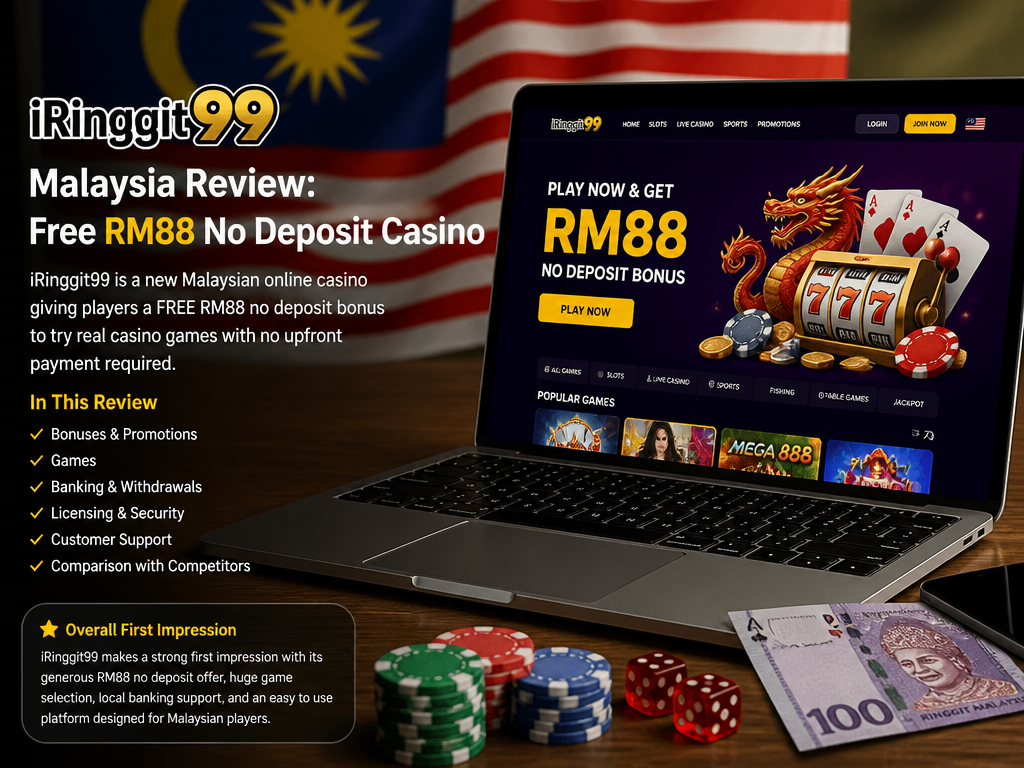 Photo-realistic image illustrating the topic of the article section "iRinggit99 Malaysia Review: Free RM88 No Deposit Casino" (about the online casino brand "iringgit99"): Introduce iRinggit99 as a new Malaysian online casino offering a FREE RM88 no deposit bonus. State that this review covers bonuses, games, banking, licensing, support, and comparison with competitors. Cover overall first impression.