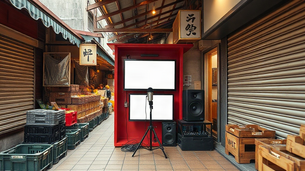 Illustration of a bustling Korean traditional market with a small community broadcast booth and local residents speaking on air