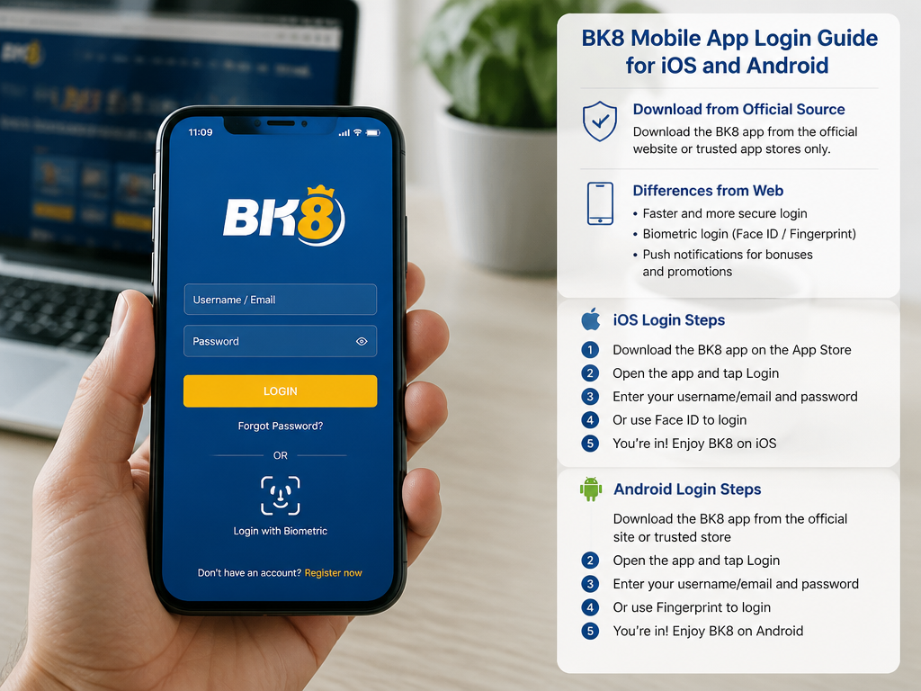 Photo-realistic image illustrating the topic of the article section "BK8 Mobile App Login Guide for iOS and Android" (about the online casino brand "bk8 login"): Download app from official source. Differences from web: biometric login, push notifications. Steps for both platforms. Gap: mobile app login guide.