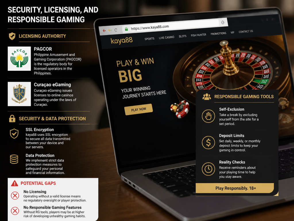 Photo-realistic image illustrating the topic of the article section "Security, Licensing, and Responsible Gaming" (about the online casino brand "kaya88"): State the licensing authority (e.g., PAGCOR or Curacao eGaming). Mention SSL encryption, data protection, and responsible gaming tools (self-exclusion, deposit limits, reality checks). Address gaps of no licensing and no responsible gaming features.