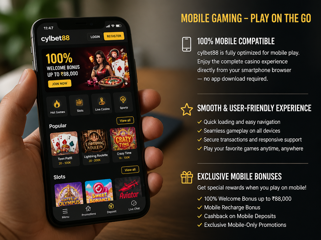 Photo-realistic image illustrating the topic of the article section "Mobile Gaming – Play on the Go" (about the online casino brand "cylbet88"): Describe mobile compatibility (browser-based or app). Discuss user experience on smartphones. Mention any dedicated mobile bonuses.